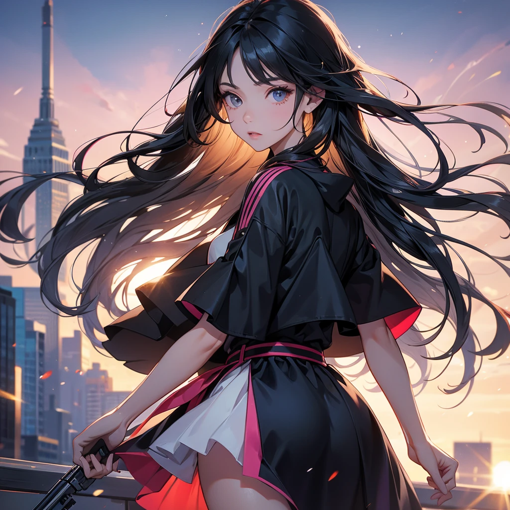 a beautiful woman with long black hair, wearing a tight pink dress, standing holding a pistol, aiming the barrel at the bad guys, on a tall building, the sun is setting, close up.