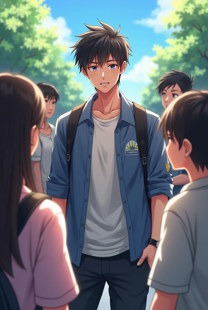 He's a cool and handsome guy.、Realistic Japanese high school boy。
His face looks gruff but he's embarrassed。
He has both academic and athletic talent.。
Handsome friends and girls are gathered together and talking。