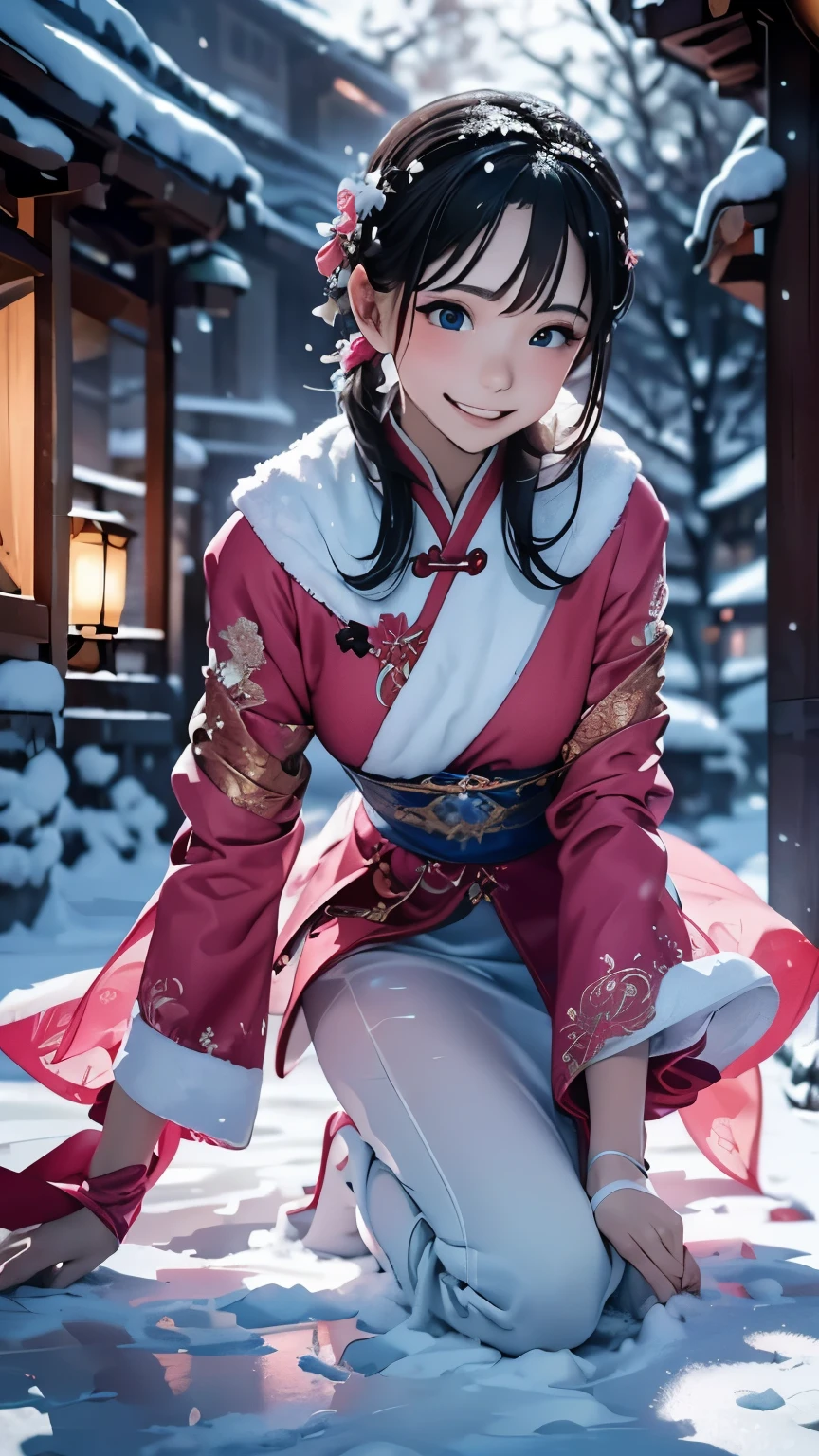 (masterpiece、Highest quality、Highest quality、Official Art、Beautiful and beautiful:1.2)、(One personのAdult women:1.3)、Bobcut、Moderate bust、Black Hair、Snow Scene、Snow powder、Smiling face close-up、Glossy Lips、Shining Eyes、The snow queen、Red Chinese clothing、Cosplay、(Real、High resolution)、(One personのAdult women)、The snow queen、Close-up eyes、Adult women、(Highest quality)、(Tabletop)、(One personのAdult women)、One person、美しいAdult women、Perfect Face、dream-like、Very detailed airbrush art((Surreal))、Volumetric Lighting、(Highest quality)、Super detailed、(Structure of movement:1.4)、Very complex and colorful details、(Bright lighting)、moving composition、Ray Tracing、The mirror reflects light、Shallow depth of field、Super detailed、Exposure Blending、Her eyes shine deeply pink、Snow falling in the background、