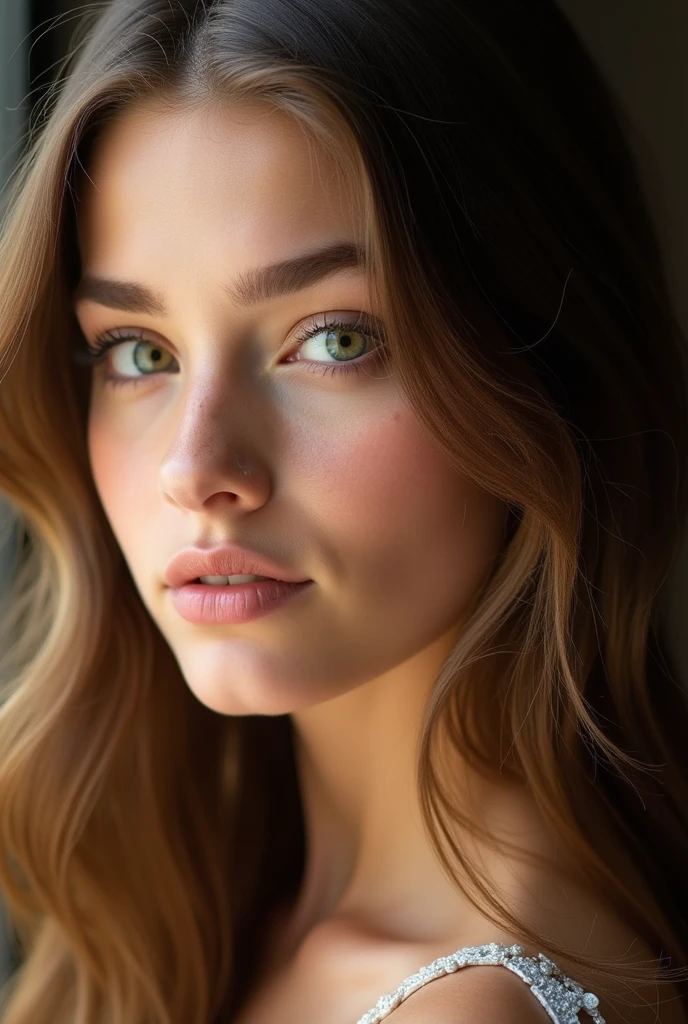 incredibly beautiful girl 23 years old, perfectly beautiful hair, green eyes
