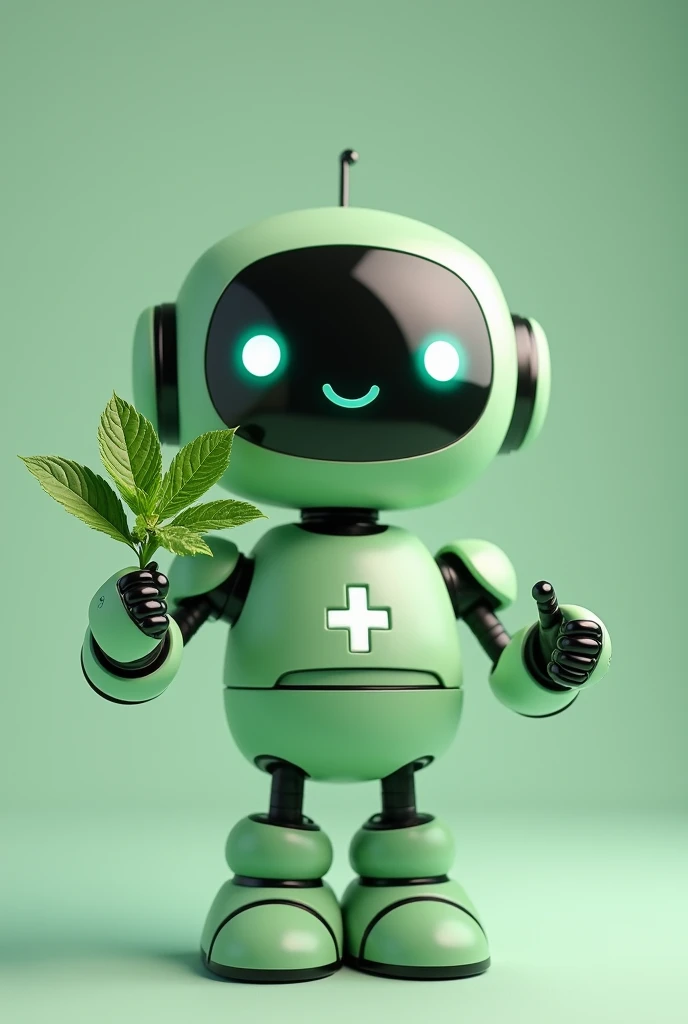 Friendly robot smiling, A small, light green one with a medical cross on his chest and one hand holding a mint leaf