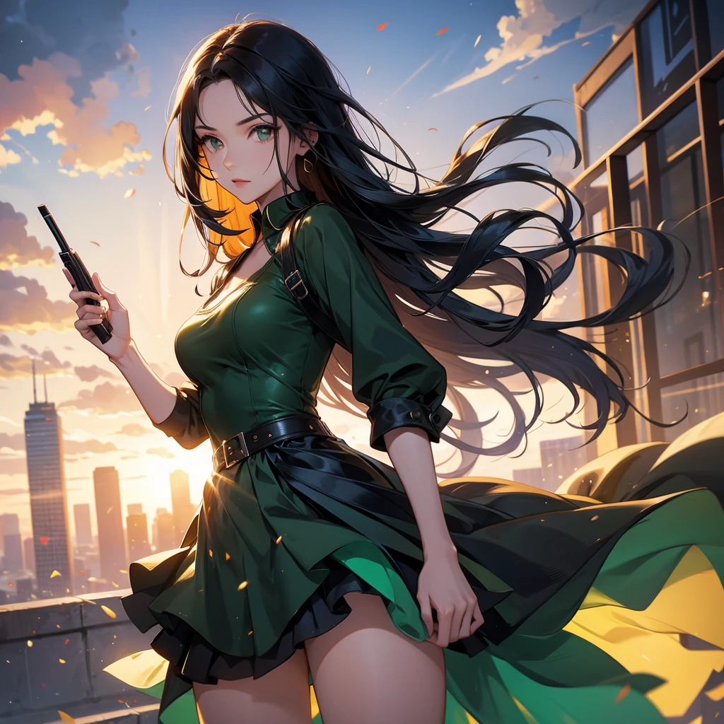 a beautiful woman with long black hair, wearing a tight green dress, standing holding a pistol, aiming the barrel at the bad guys, on a tall building, the sun is setting, close up.