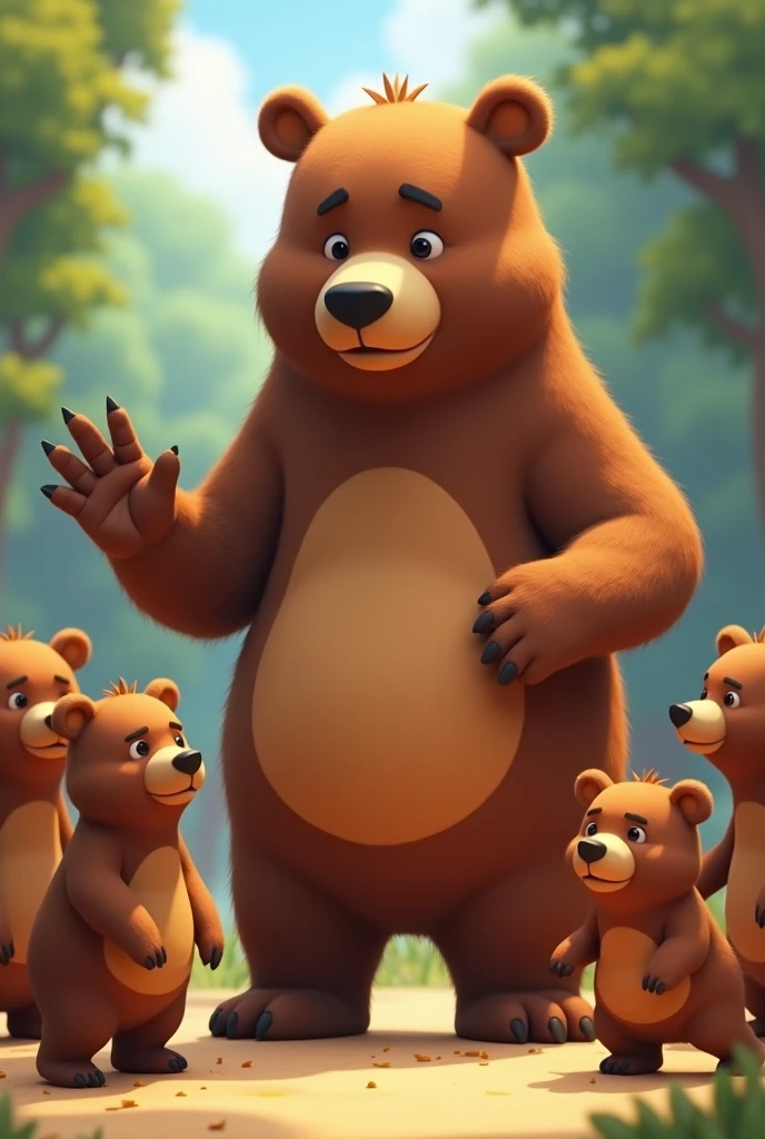 An animated bear giving orders to little bears