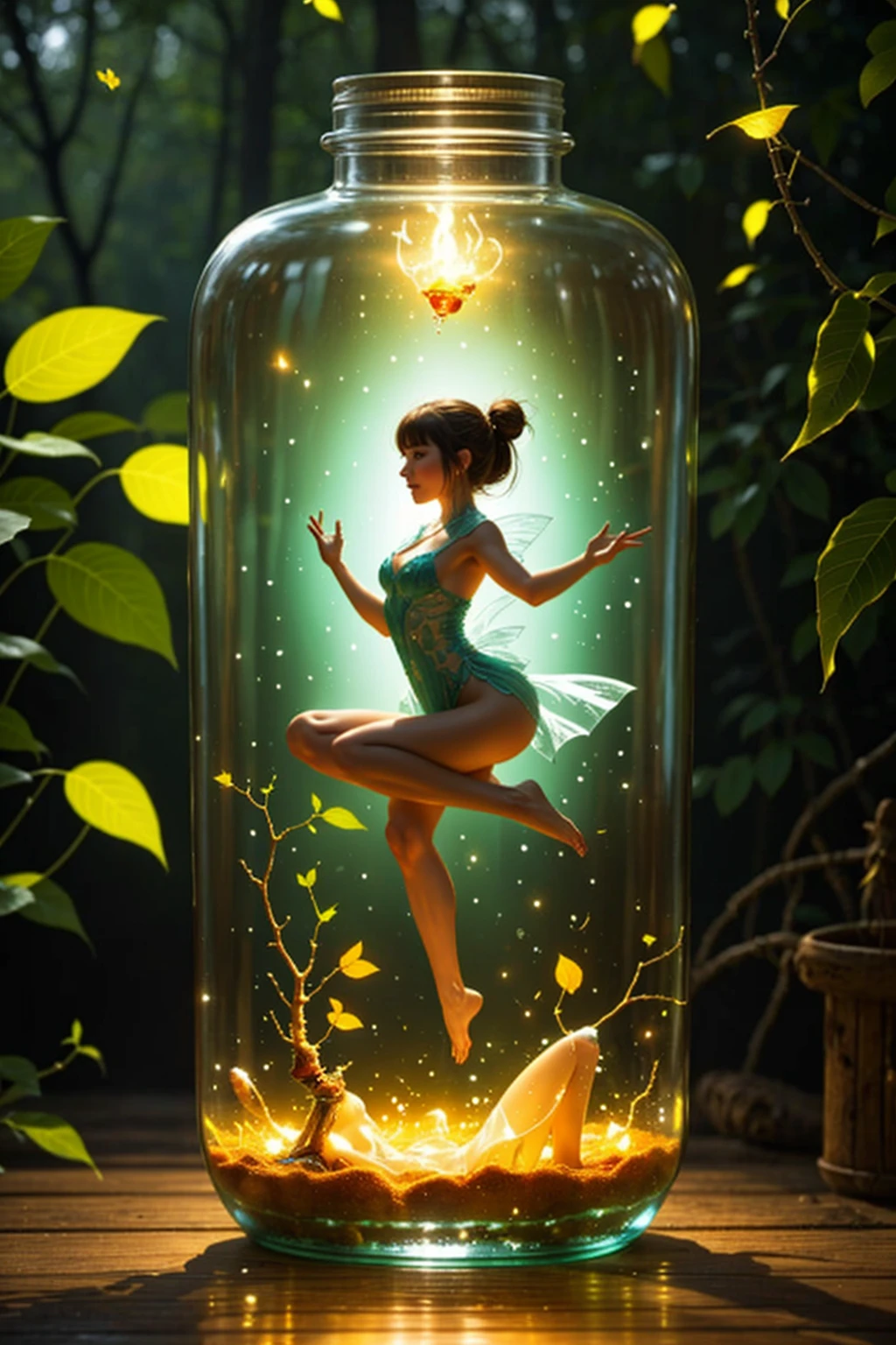 a glass bottle, there is a fairy inside the bottle,sexy fairy,taunt you, INSIDE THE WATER, water bubble, full of fireflies bottle,intricate details, masterpiece, UHD, sharp focus,sitting on floor,yoga pose