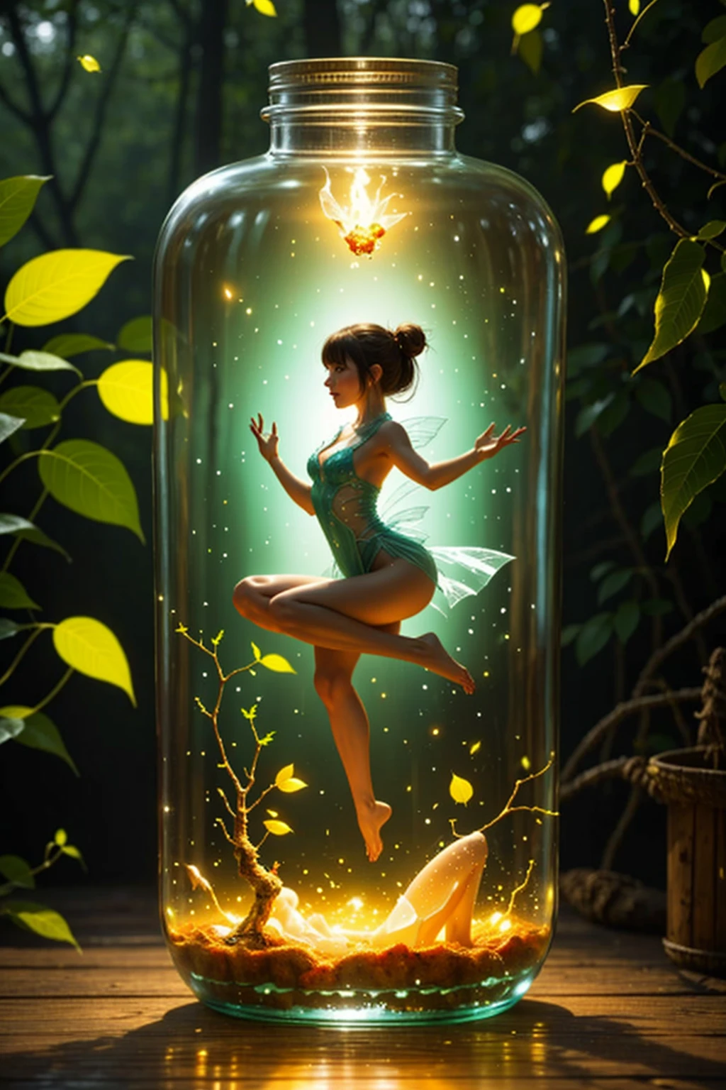 a glass bottle, there is a fairy inside the bottle,sexy fairy,taunt you, INSIDE THE WATER, water bubble, full of fireflies bottle,intricate details, masterpiece, UHD, sharp focus,sitting on floor,yoga pose