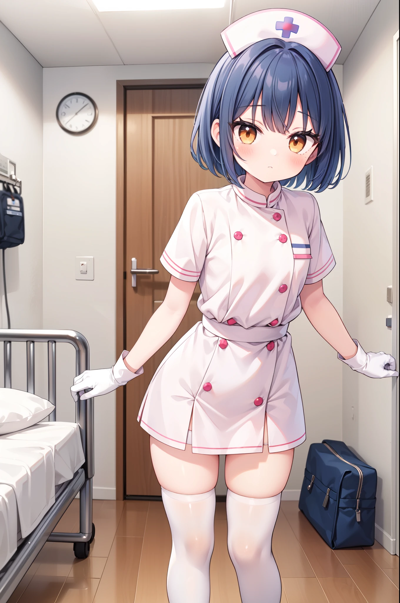 1boy, solo, male focus, nurse, white nurse cap, white nurse uniform, ((white legwear, zettai ryouiki)), white gloves, bobcut, blue hair, orange eyes, no impression, standing, ((hospital room)), sharp outline, short sleeves, shota, , best quality, masterpiece