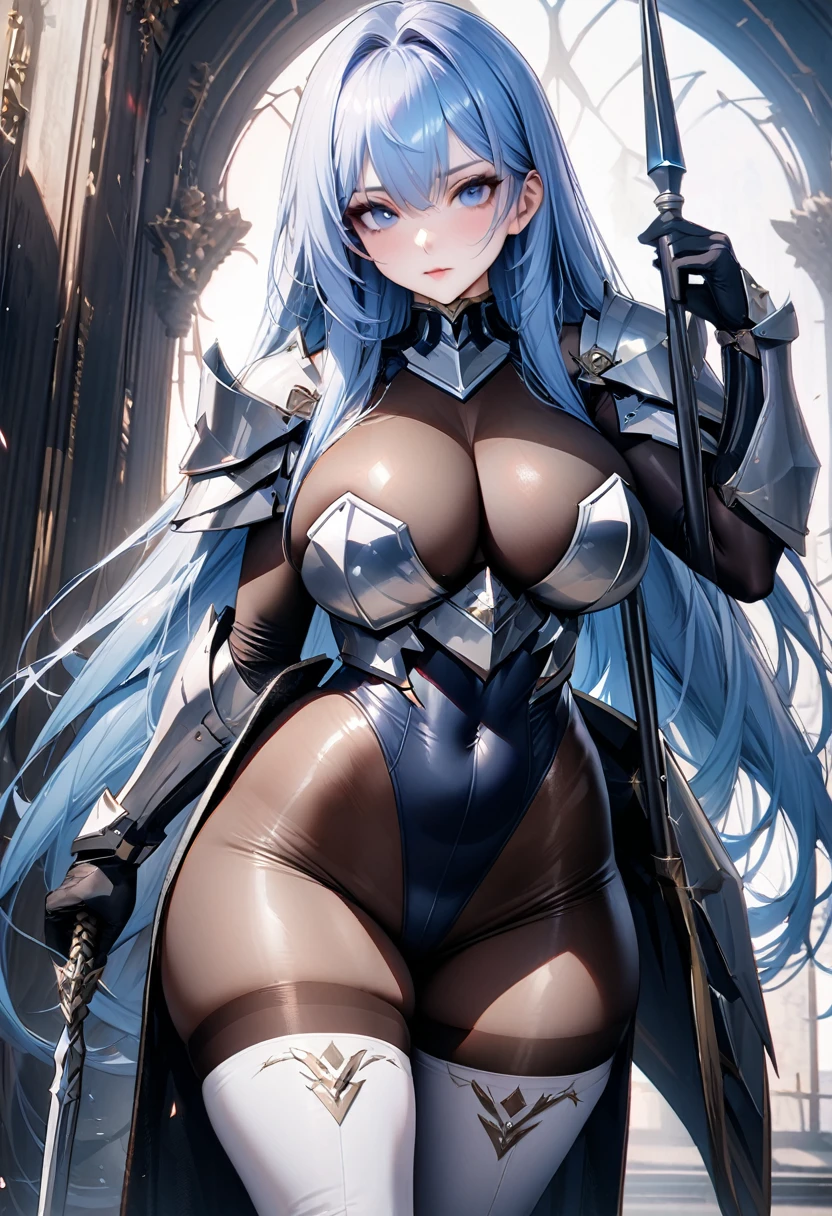((highest quality)), ((masterpiece)), ((hyperrealistic)), (solo), 1girl, ((curvy)), ((skindantation: 1.2)), perfect face, ((Azur Lane)), ((Valkyrie armor)), ((skin-tight see-through pantyhose leotard: 1.4)), ((white knight armor breastplate)), ((skin-tight black Investigator Bodystocking)), ((large pauldron)), (long gauntlet gloves), ((light blue hair straight long hair)), ((large breasts that look like they might burst)), (pantyhose thighs), (white knee-high boots), (high heel boots), ((see through cleavage cutout)), zettai ryouiki, ultra high leg cut, beautiful blue eyes, Perfect hands, perfect fingers, luxurious goldsmith spear, holding a spear, prepare a spear,
