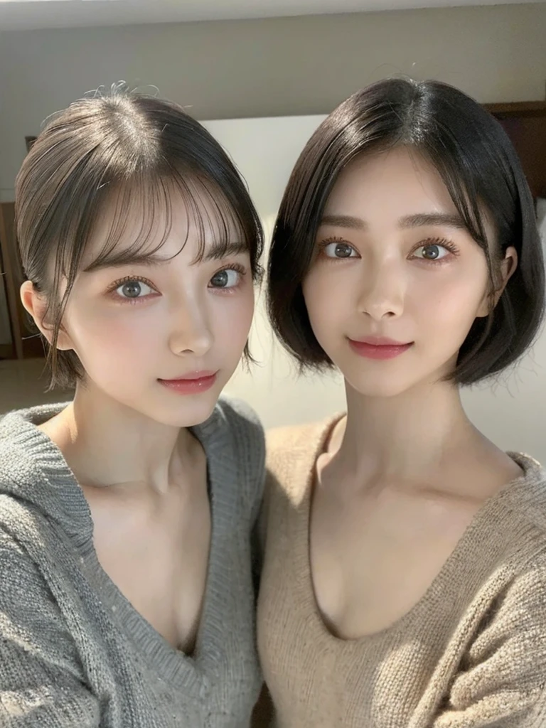 (masterpiece:1.3), (8k, Photoreal, Raw photo, best image quality: 1.4), Japanese high school girl、(random hairstyle:1.2)、cleavage:1.5、super detail face、eye for details、double eyelid、chest to chest、sharp focus:1.2、Beautiful woman:1.4、light brown hair、highest quality、masterpiece、超A high resolution、(Photoreal:1.4)、Highly detailed and professionally lit smiles、loose and light knitwear、shoulder out、thin、serious expression、short haired、deadly position
similar identical twins
All the girls have the exact same face, The two have the same face and figure, as if they were mirror images.