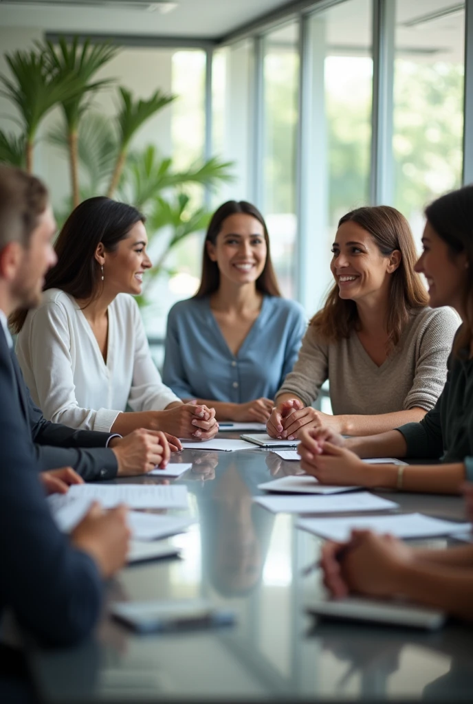 Important conversations in the company There are women talking and men talking. The atmosphere is friendly. It's a horizontal image.