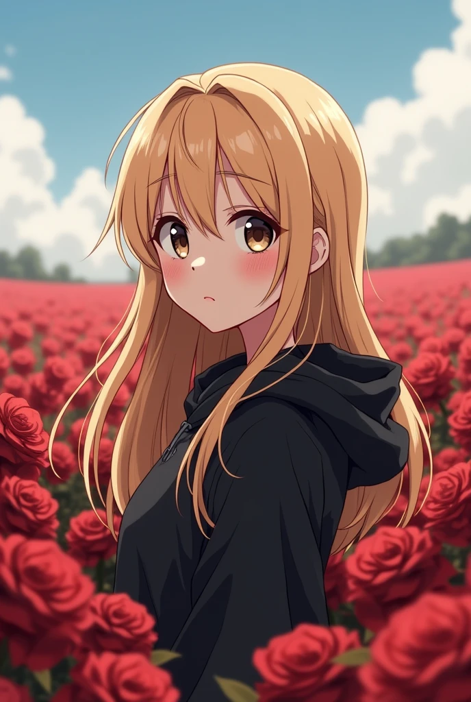Anime woman, long blonde hair, dark brown eyes in a rose field wearing a black hoodie