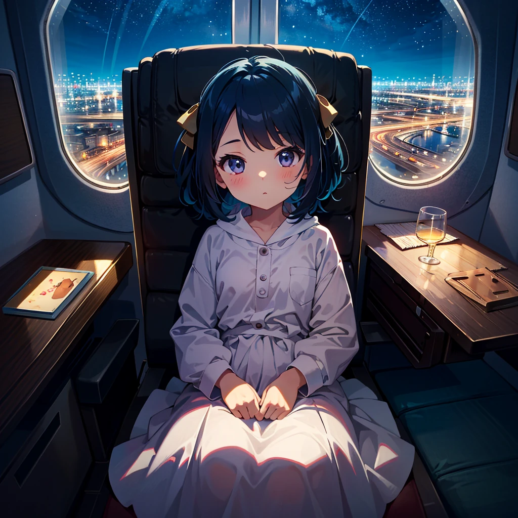{{{Masterpiece, highest quality, high resolution background}}}, bright and beautiful atmosphere, 1 girl (7 years old, round face, baby face), small breasts, loose clothes, night view from the airplane window, airplane chair A girl sitting on a plane, a mini pig sleeping on a plane, "deltamon_sdXL :0.73)>Deltamon"