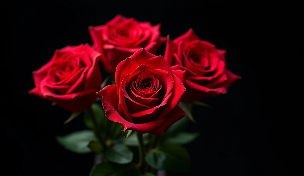 there are four roses that are in a vase on a black background, red roses, roses, celestial red flowers vibe, red neon roses, detailed flowers, a few roses, rosses, red rose, red flowers, exploding roses, decorative roses, roses and tulips, vibrant red colors, roses background, rich flower colors, red roses at the top, rose twining