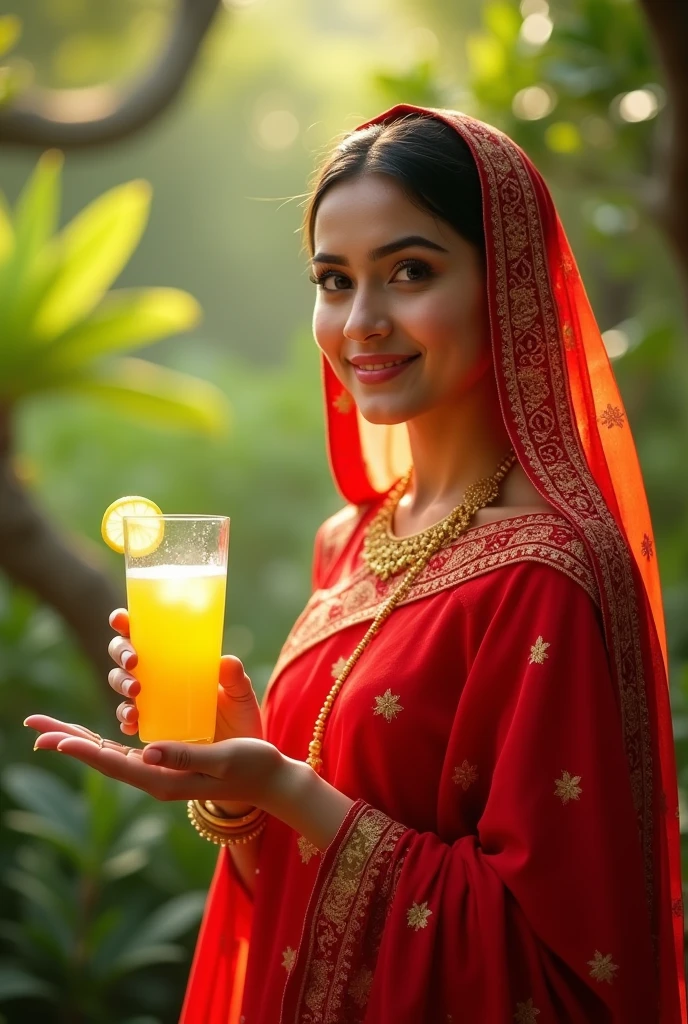 27 year girl with red dopatta on head offering a glass of lemon juice