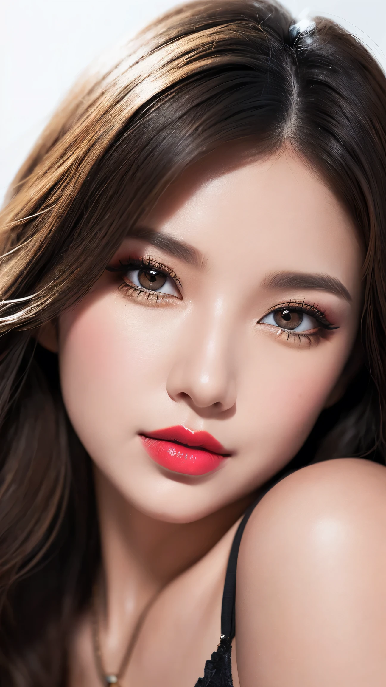 photorealism 16K realism, (Hyper-realistic proportional body, anatomically correct:1.3), ((ultra-fine digital art)), (1woman:1.3, 22-year-old), wearing glasses, thigh highs, ((intricately detailed beautiful face)), (light pale complexion), BREAK, (small round head), (best details, realistic beautiful, slim and cute face), ((best highest detailed realistic dark brown_eyes:1.3)), ((super realistic sharp-eyes:1.2)), (tired and sleepy and satisfied:0.0), (close up of a woman's eyes), perfect round eyes, finely detailed pupils,BREAK,detailed lips:1.3,pink_makeup:1.22, (long_blue_eyeliner:1.28), (red_lipstick:1.35), ((perfect dark_eyeshadows:1.4)), (super detailed professional makeup on eyes:1.3), (Detailed nose:1.2), (best high quality real texture skin:1.3), (Fujicolor, daytime soft lighting), (curly heban hair (slicked to the one side) Intricately detailed), BREAK, ((Classic and sexy designer dress, combination of teal, magenta and yellow colour in the dress, bright colours)), Detailed blue decoration, BREAK, (Fitted clothing), dynamic pose, (looking at the viewer), (no decorations in the hair), (dark shot:1.2), (firm normal full breasts), hint of cleavage, (vibarant and colourful),