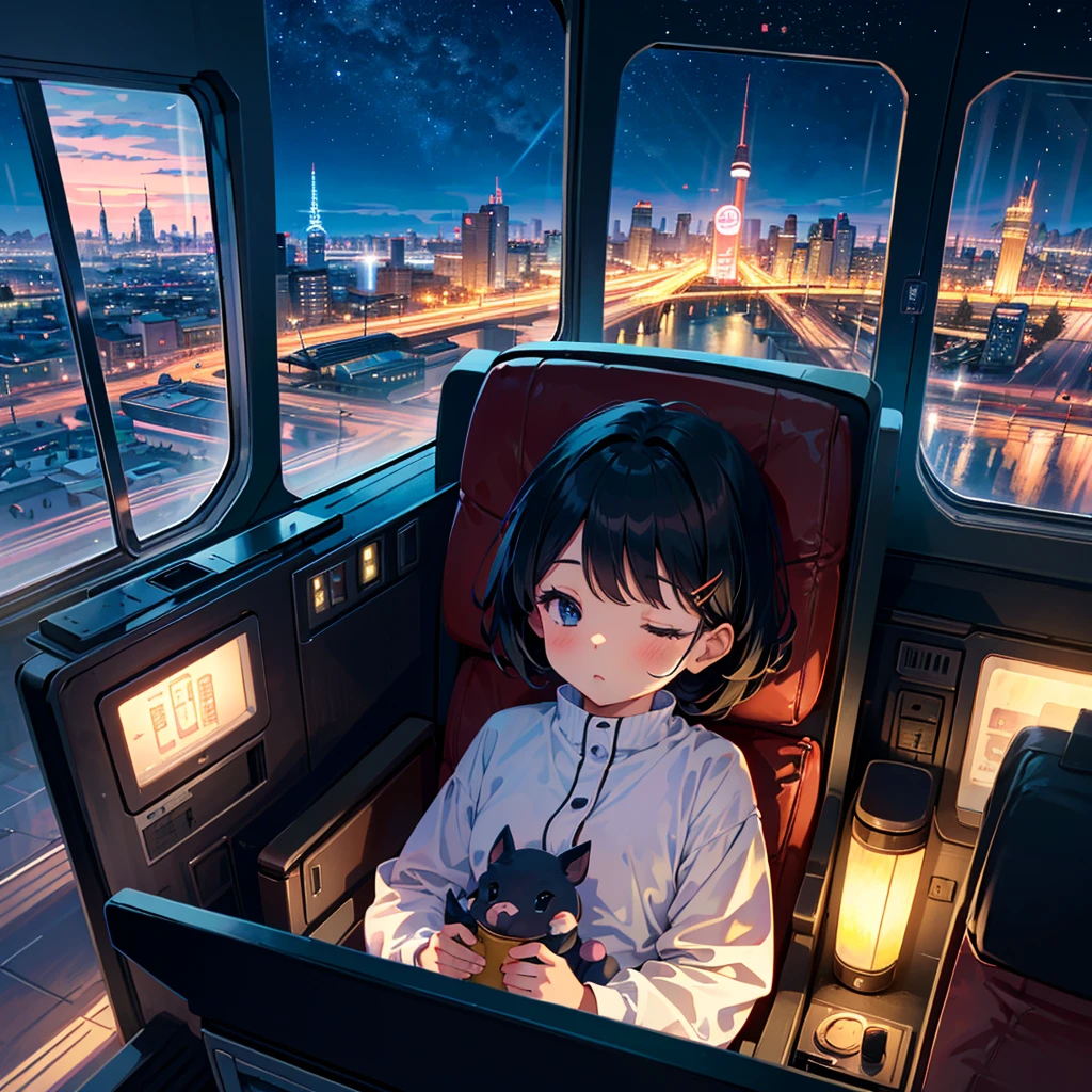 {{{Masterpiece, highest quality, high resolution background}}}, bright and beautiful atmosphere, 1 girl (7 years old, round face, baby face), small breasts, loose clothes, night view from the airplane window, airplane chair A girl sitting on a plane, a mini pig sleeping on a plane, "deltamon_sdXL :0.73)>Deltamon"