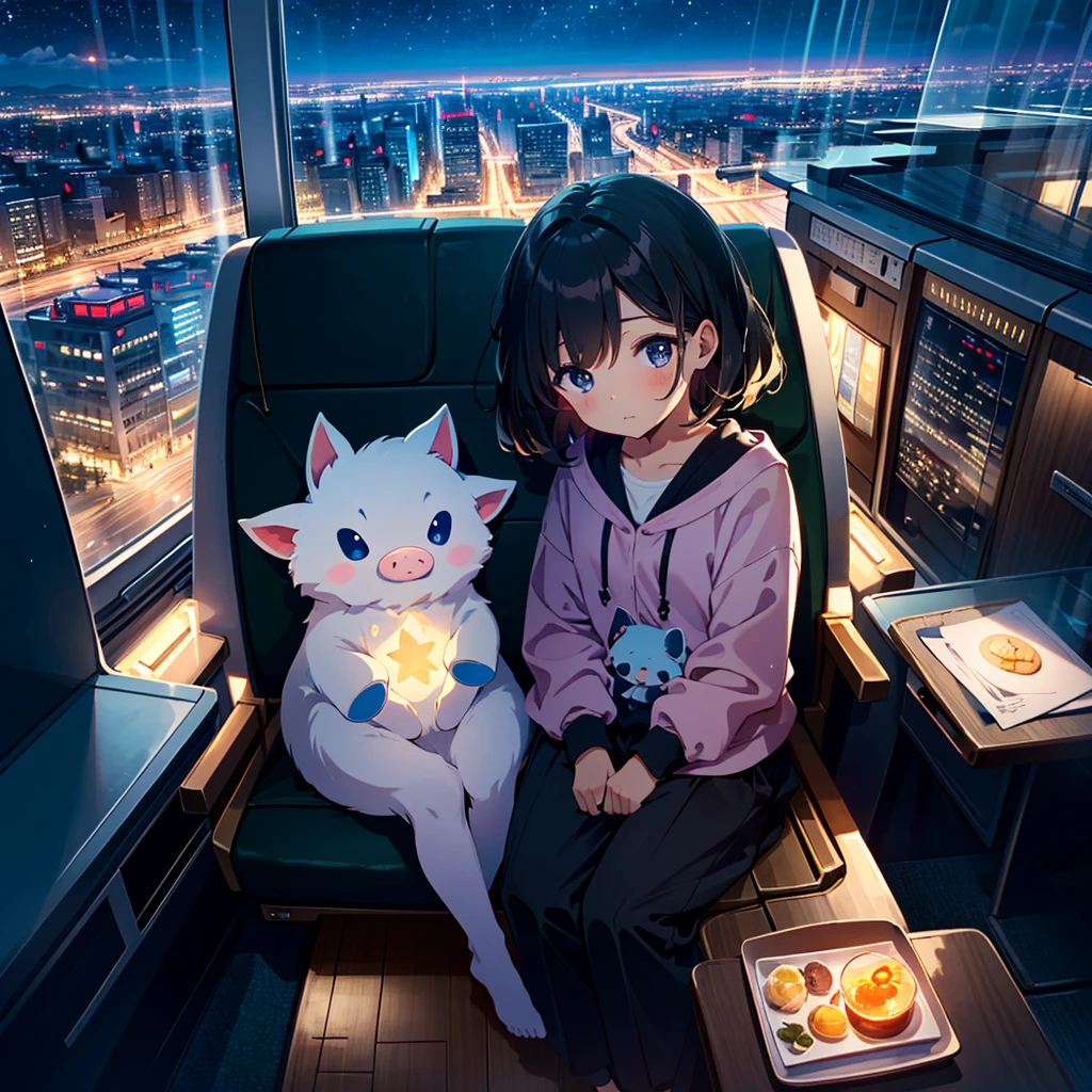 {{{Masterpiece, highest quality, high resolution background}}}, bright and beautiful atmosphere, 1 girl (, round face, baby face), small breasts, loose clothes, night view from the airplane window, airplane chair A girl sitting on a plane, a mini pig sleeping on a plane, "deltamon_sdXL :0.73)>Deltamon"