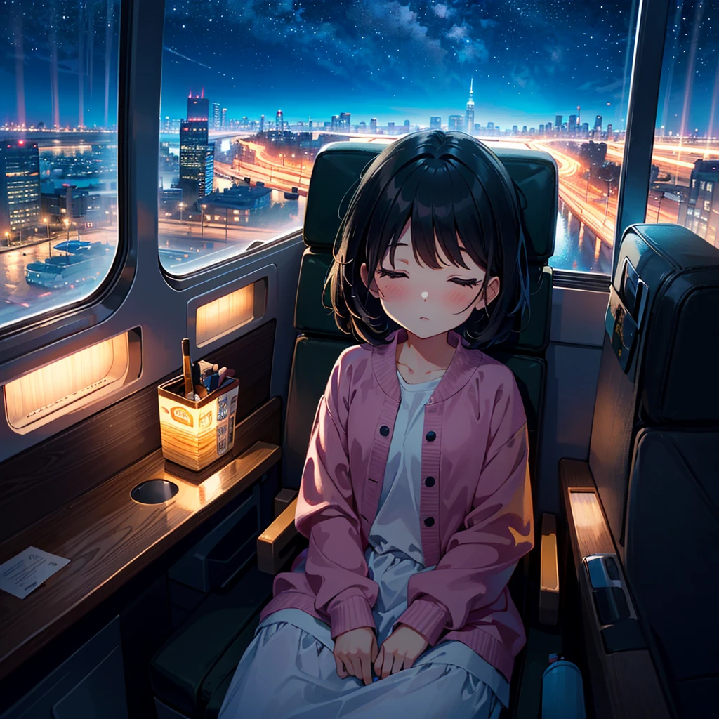 {{{Masterpiece, highest quality, high resolution background}}}, bright and beautiful atmosphere, 1 girl (7 , round face, baby facebreasts, loose clothes, night view from the airplane window, airplane chair A girl sitting on a plane, a mini pig sleeping on a plane, "deltamon_sdXL :0.73)>Deltamon"