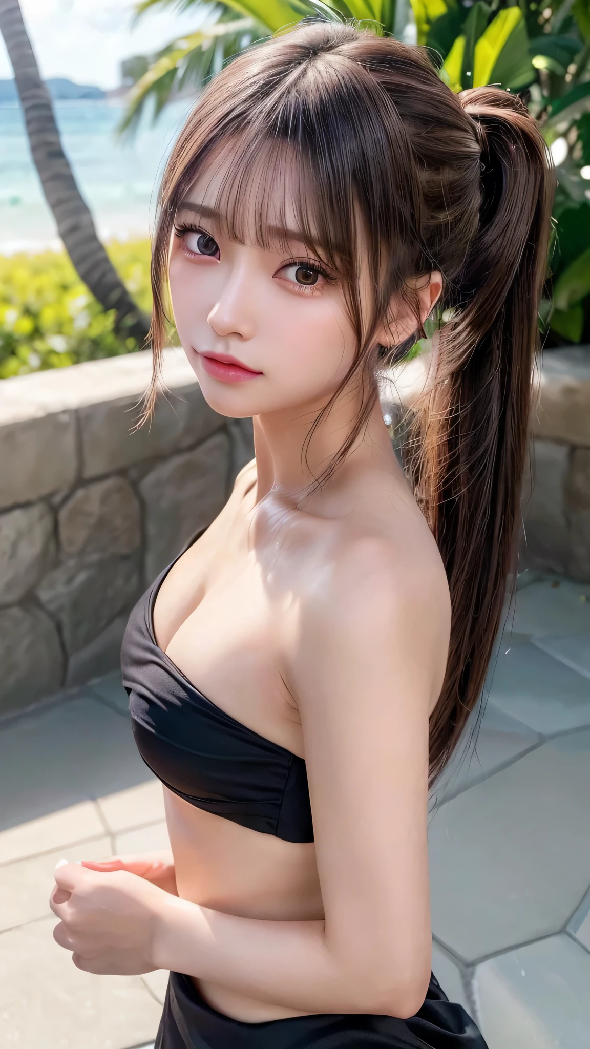 body shot,Outdoor,micro bikini,resort Beach,Ultra-detailed, finely detail, hight resolution, 8K Wallpaper, Perfect dynamic composition, Beautiful detailed eyes,,Close-up of face,,Blushing,Facing forward,Long hair ponytail,((8k, Raw photo, Best Quality, Mastepiece:1.2), (Realism, Photorealistic:1.4), (Highly detailed 8K wallpapers), Depth of written boundary, Cinematic Lighting, Soft Light, Detailed Beauty Eye,Shiny and smooth light brown ponytail, Asymmetrical bangs, Shiny skin, Ultra-detailed skins ,It is high resolution., High detail, Detailed hairstyle, Detailed facial beauty, Hyper-realistic, Perfect limbs, Perfect Anatomy ,1 Japanese girl,Famous Japanese Idols, Perfect female body,A shy smile,Short eyelashes,Double-edged eyelids,Look straight here,Hair style: ponytail,