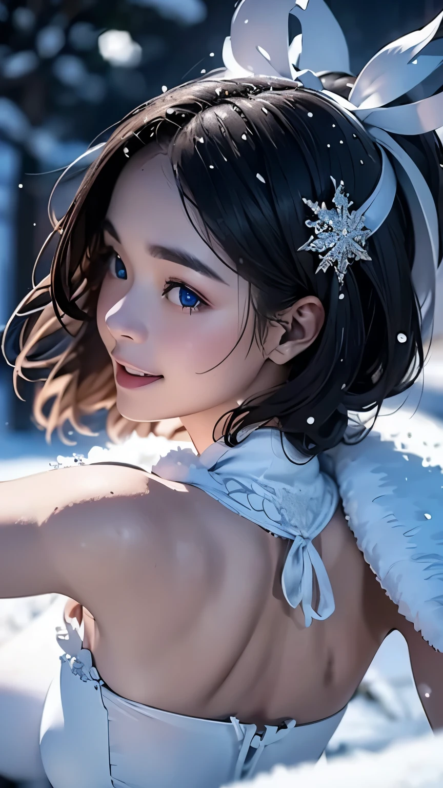 (masterpiece、Highest quality、Highest quality、Official Art、Beautiful and beautiful:1.2)、(One personのAdult women:1.3)、Bobcut、Moderate bust、Black Hair、Snow Scene、Snow powder、Smiling face close-up、Glossy Lips、Shining Eyes、The snow queen、White knit、Cosplay、(Real、High resolution)、(One personのAdult women)、The snow queen、Close-up eyes、Adult women、(Highest quality)、(Tabletop)、(One personのAdult women)、One person、美しいAdult women、Perfect Face、dream-like、Very detailed airbrush art((Surreal))、Volumetric Lighting、(Highest quality)、Super detailed、(Structure of movement:1.4)、Very complex and colorful details、(Bright lighting)、moving composition、Ray Tracing、The mirror reflects light、Shallow depth of field、Super detailed、Exposure Blending、Her eyes shine deeply pink、Snow falling in the background、