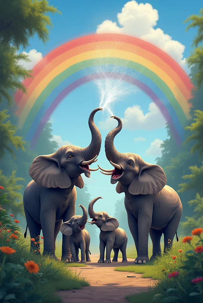 Elephant family Spraying Rainbow