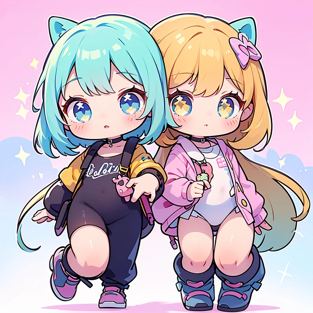 best quality, incredibly absurdres, extremely detailed, 2.5D, delicate and dynamic, chibi, cute girl, wearing baggy clothes, sparkly and vivid color effects, background another dimension