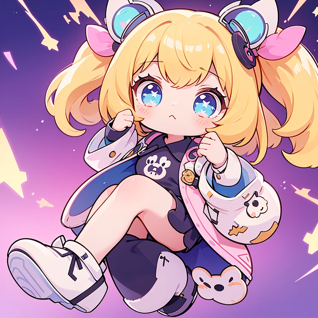 best quality, incredibly absurdres, extremely detailed, 2.5D, delicate and dynamic, chibi, cute girl, wearing baggy clothes, sparkly and vivid color effects, background another dimension