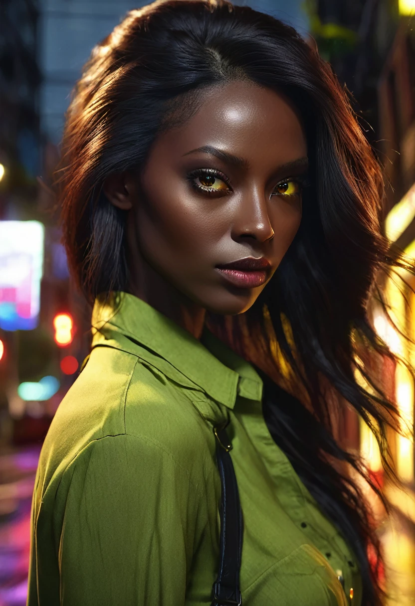 1 woman, inside a city at night, wearing a moss green blouse, female yellow eyes, dark black skin, detailed black skin, long red gelled hair, medium length, dramatic lighting, cinematic composition, dark palette, dark colors, atmospheric haze, thin chin, soft face, serious face, beautiful woman, adult woman, ultra realistic, adult woman, (best quality, 4K, 8K, high resolution, art: 1.2), ultra detailed (realistic, photorealistic, photorealistic: 1.37)