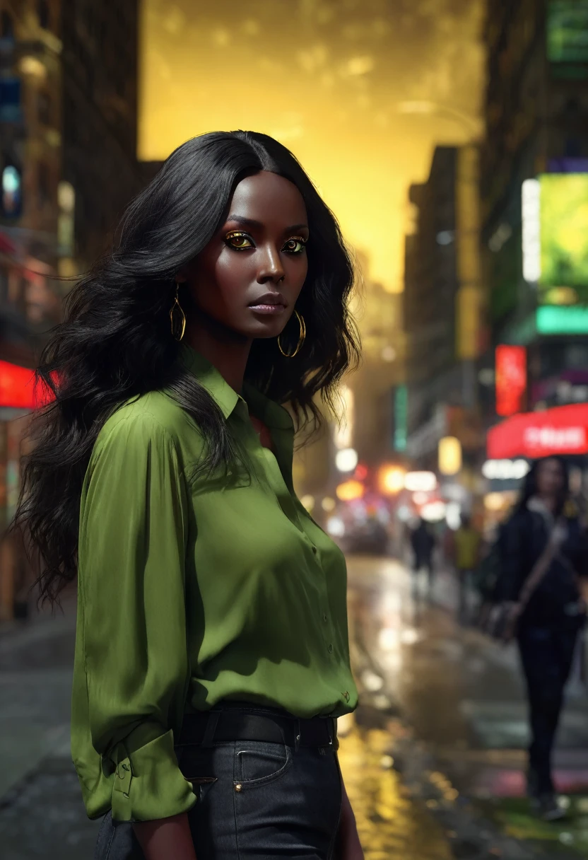 1 woman, inside a city at night, wearing a moss green blouse, female yellow eyes, dark black skin, detailed black skin, long red gelled hair, medium length, dramatic lighting, cinematic composition, dark palette, dark colors, atmospheric haze, thin chin, soft face, serious face, beautiful woman, adult woman, ultra realistic, adult woman, (best quality, 4K, 8K, high resolution, art: 1.2), ultra detailed (realistic, photorealistic, photorealistic: 1.37)