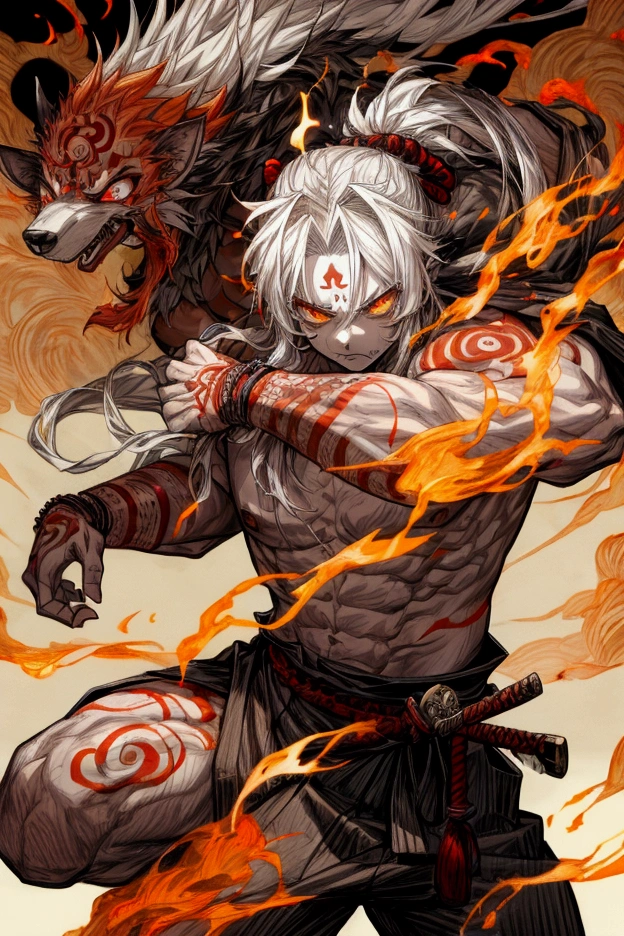 (masterpiece), (best quality), (detailed), a male asura god, god of chaos, destroyer, white long hair, flaming eyes, torso symbols tattoo, flames around body, japanese style, rage, samurai katana, foo dogs