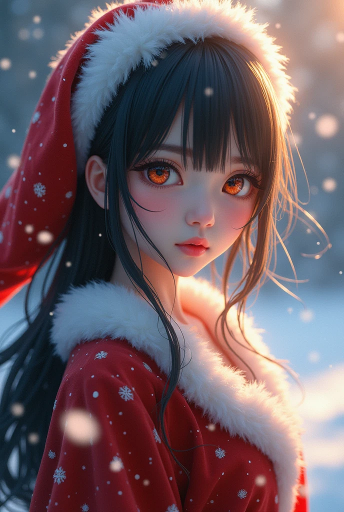 A japanese girl in santa claus costume, beautiful detailed eyes, beautiful detailed lips, extremely detailed face and hair, long eyelashes, intricate detailed fabric textures, santa hat, christmas lights, snowy winter background, (best quality,4k,8k,highres,masterpiece:1.2),ultra-detailed,(realistic,photorealistic,photo-realistic:1.37),vibrant colors,cinematic lighting,soft bokeh