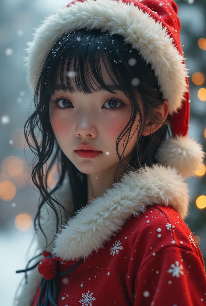 A japanese girl in santa claus costume, beautiful detailed eyes, beautiful detailed lips, extremely detailed face and hair, long eyelashes, intricate detailed fabric textures, santa hat, christmas lights, snowy winter background, (best quality,4k,8k,highres,masterpiece:1.2),ultra-detailed,(realistic,photorealistic,photo-realistic:1.37),vibrant colors,cinematic lighting,soft bokeh