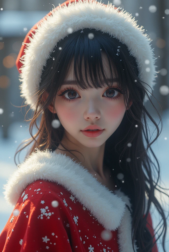A japanese girl in santa claus costume, beautiful detailed eyes, beautiful detailed lips, extremely detailed face and hair, long eyelashes, intricate detailed fabric textures, santa hat, christmas lights, snowy winter background, (best quality,4k,8k,highres,masterpiece:1.2),ultra-detailed,(realistic,photorealistic,photo-realistic:1.37),vibrant colors,cinematic lighting,soft bokeh