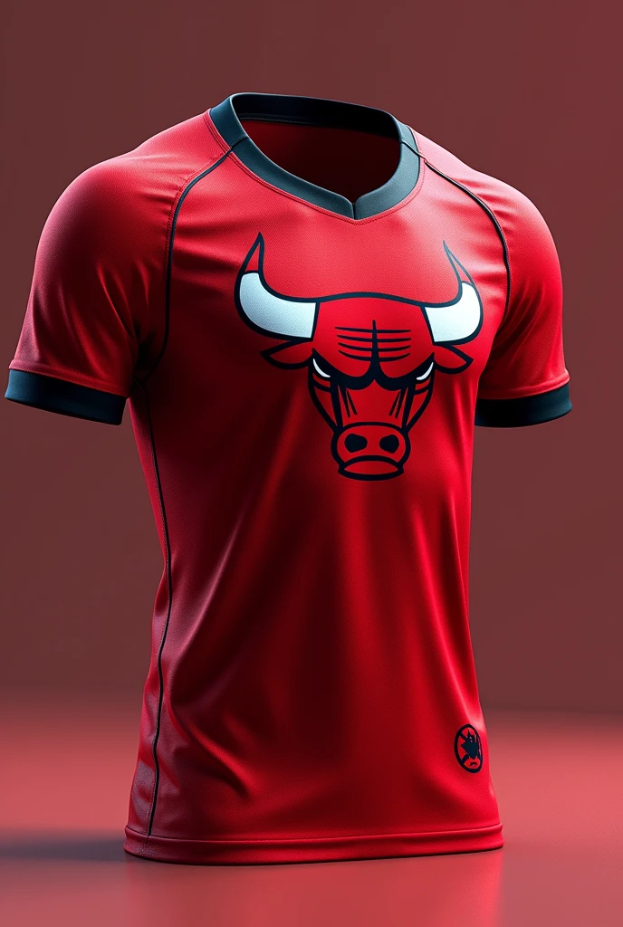 Create a volleyball jersey for men. It should be modern, the theme is red, and has a logo of a red bull on it.