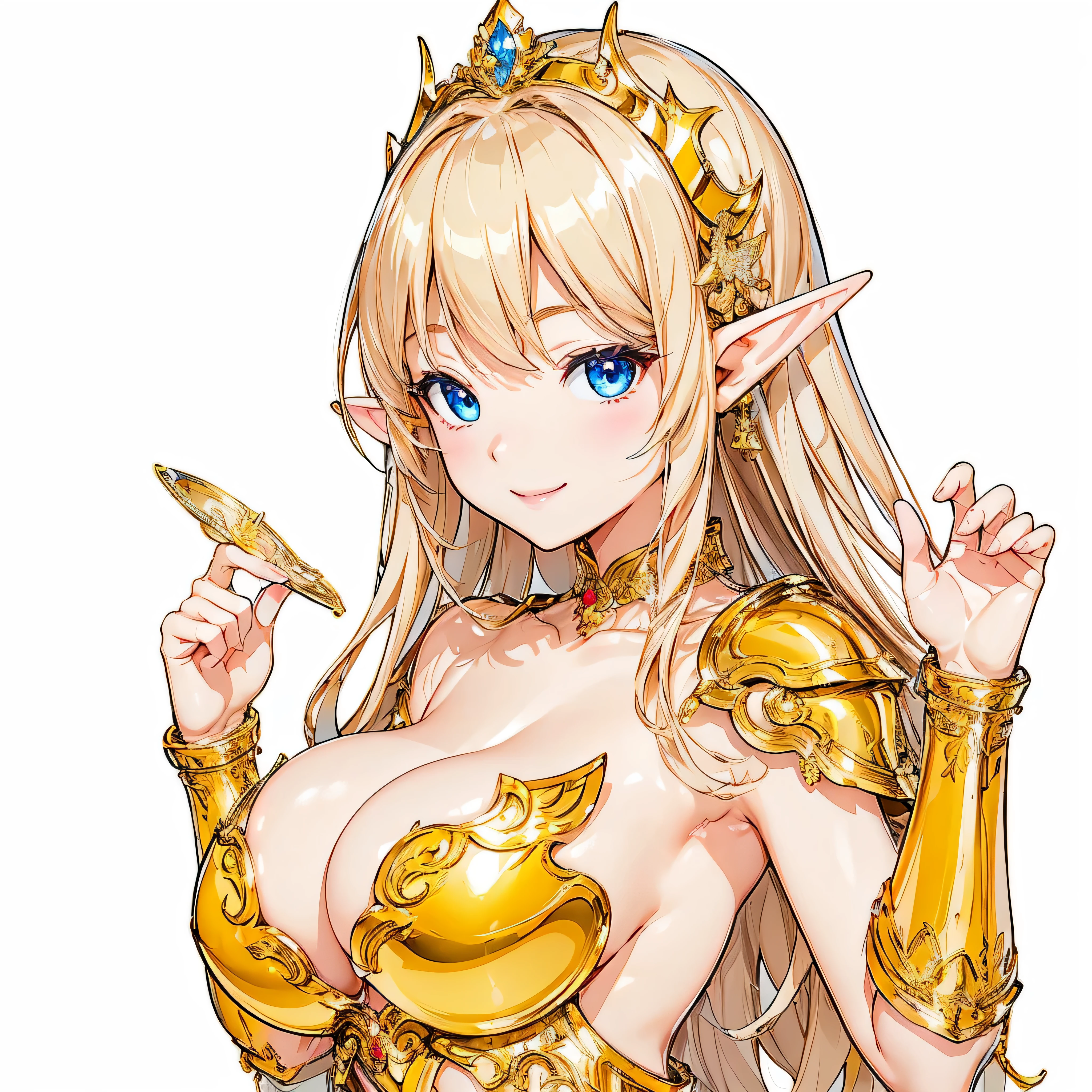 Highest quality、Very detailed、High resolution、16k、Thin contours、耳の長いElf、Nipples are visible、Shining golden armor、Gold bikini armor、Very large breasts、Very large breasts、Very transparent white skirt、chest proportion、Smile of the Goddess、Elfの女の子、Very white skin、Beautiful fingers、Perfect Style、Elf、No bra、Blonde hair and blue eyes、Cool smile