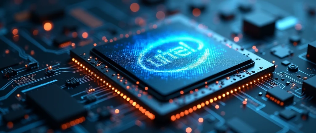 In the centre of the image is a huge tech chip (symbolising an Intel CPU) and in the background is a robot arm fused with a tax bill or document. The background colours should be tech blue, silver and dark grey to show a high-tech and futuristic look.