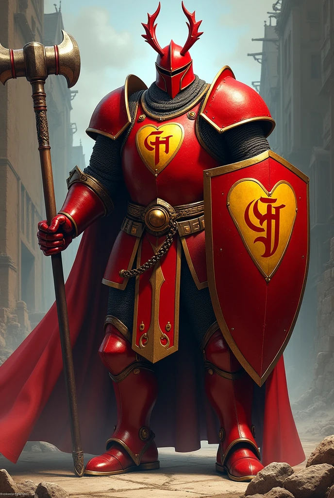  A tall, strong, broad-shouldered man wearing imposing red medieval knight armor. On the chest plate of the armor there is a yellow heart with a CH written in red. He holds a war hammer in one hand and a shield with a red heart and a golden CH drawn inside.. He wears a helmet with two antennas coming out., like those of ants. Image in realistic style.

