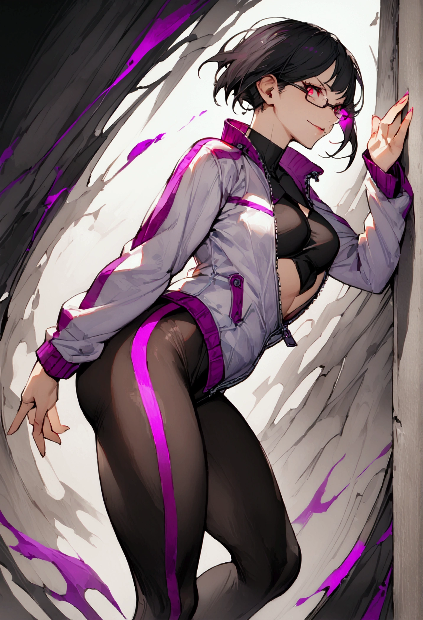 standing,alone,short hair,work of art,face detailed,beautiful young fitness woman with , in a gym wearing May with black pantyhose, white and purple tight short gym jacket. standing alone,red eyes glowing,Evil smile,legging preto ,labiaa,dark eye shadow,shining eyes,a hand leaning against the wall,neckleace,jacket zipper half open,Tight black shirt,white sports tennis shoes,short hair with purple details,beautiful curves,whole body,hair with purple details,labiaa,detailed face and eyes,work of art,sexy look,pefil from sideways,from sideways,wind in your hair,fully body,glasses in hand