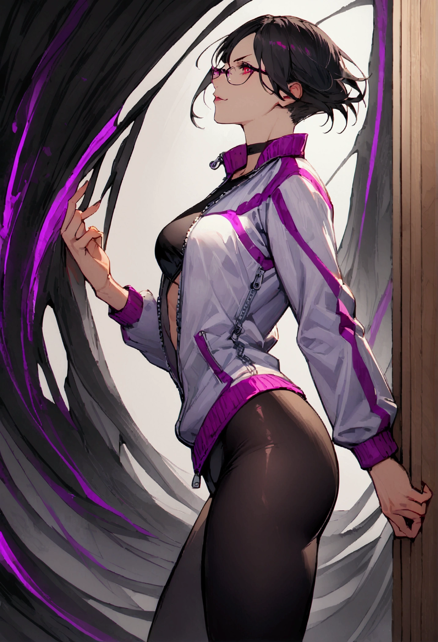 standing,alone,short hair,work of art,face detailed,beautiful young fitness woman with , in a gym wearing May with black pantyhose, white and purple tight short gym jacket. standing alone,red eyes glowing,Evil smile,legging preto ,labiaa,dark eye shadow,shining eyes,a hand leaning against the wall,neckleace,jacket zipper half open,Tight black shirt,white sports tennis shoes,short hair with purple details,beautiful curves,whole body,hair with purple details,labiaa,detailed face and eyes,work of art,sexy look,pefil from sideways,from sideways,wind in your hair,fully body,glasses in hand