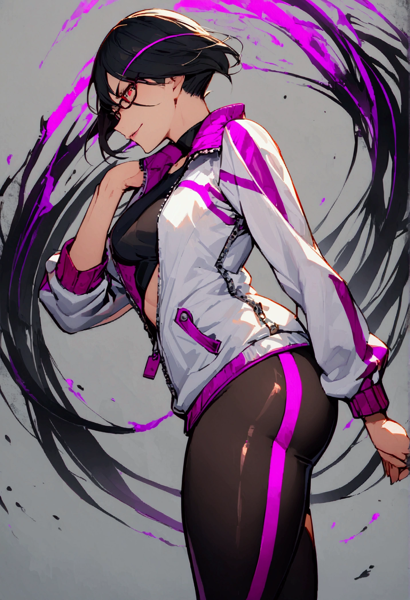 standing,alone,short hair,work of art,face detailed,beautiful young fitness woman with , in a gym wearing May with black pantyhose, white and purple tight short gym jacket. standing alone,red eyes glowing,Evil smile,legging preto ,labiaa,dark eye shadow,shining eyes,a hand leaning against the wall,neckleace,jacket zipper half open,Tight black shirt,white sports tennis shoes,short hair with purple details,beautiful curves,whole body,hair with purple details,labiaa,detailed face and eyes,work of art,sexy look,pefil from sideways,from sideways,wind in your hair,fully body,glasses in hand
