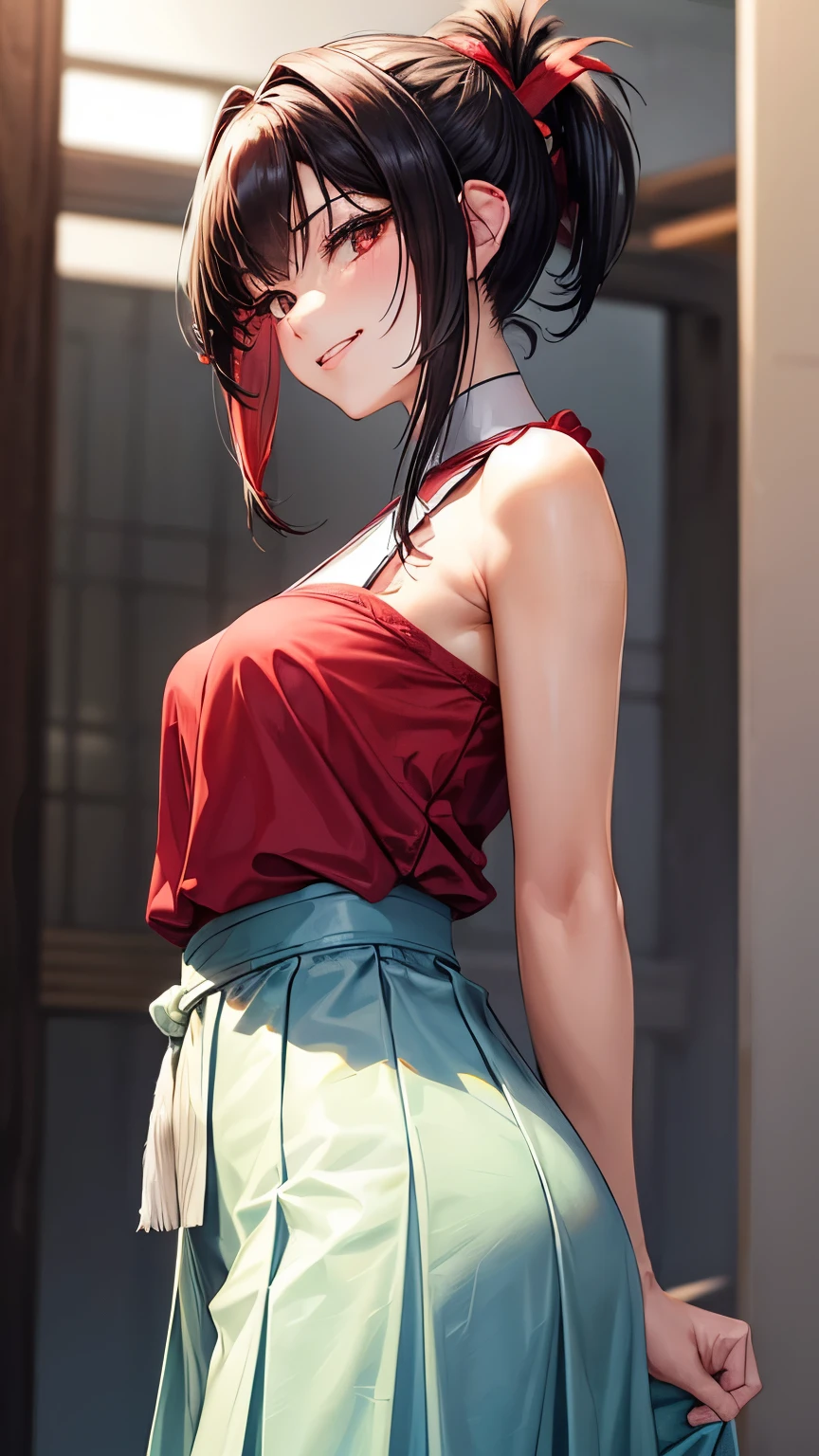 Japanese languid and tidy lady ((small breast))(( voluptuous)), jet black short length hair ((jet red highlights hair))((upper shaggy ponytail :1.5)), ((tidy white blouse with no pattern ))((blue long slim skirt )), (( pure smile))((tongue out a little)), droopy and gentle eyes ((light green)), eyelashes, calming and languid atmosphere, blush, seems very natural and calm, ((looking back pose )), (( face focus:1.3)), best quality,MSFW