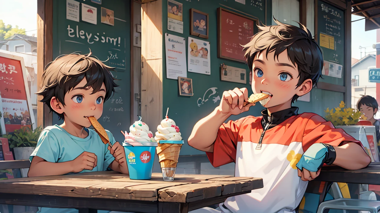 Little boy happily eating ice cream