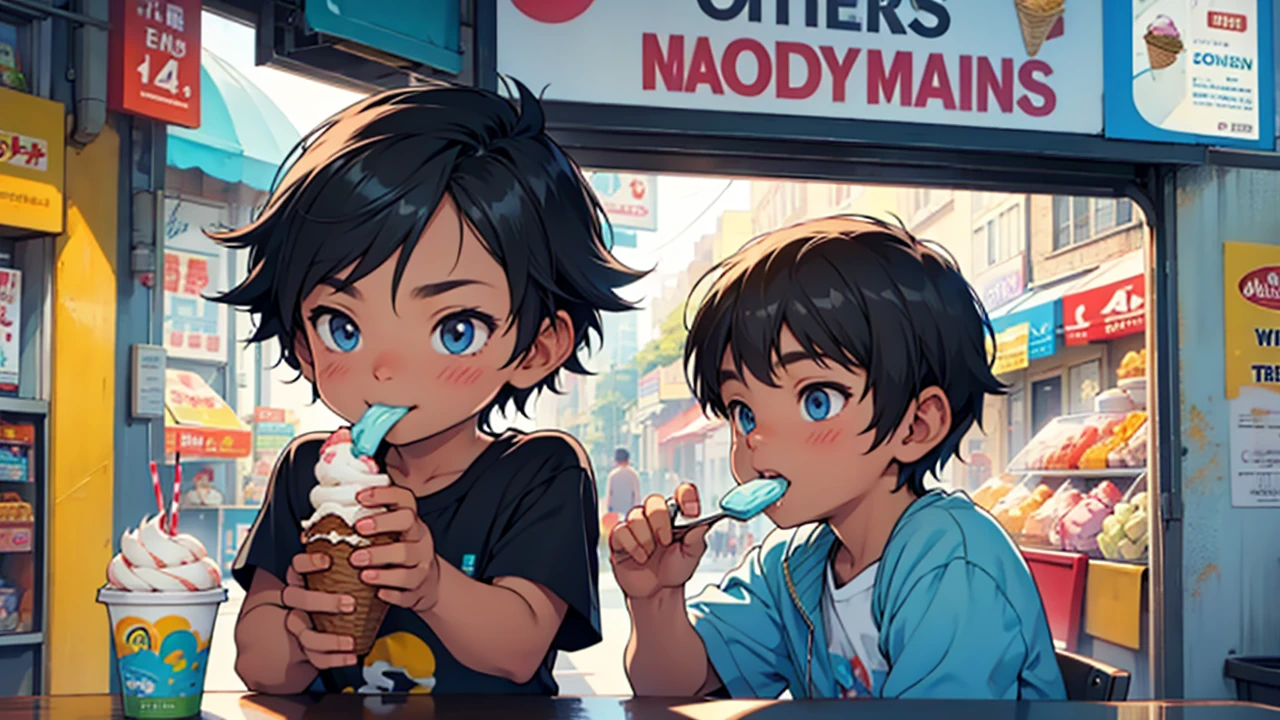 Little boy happily eating ice cream