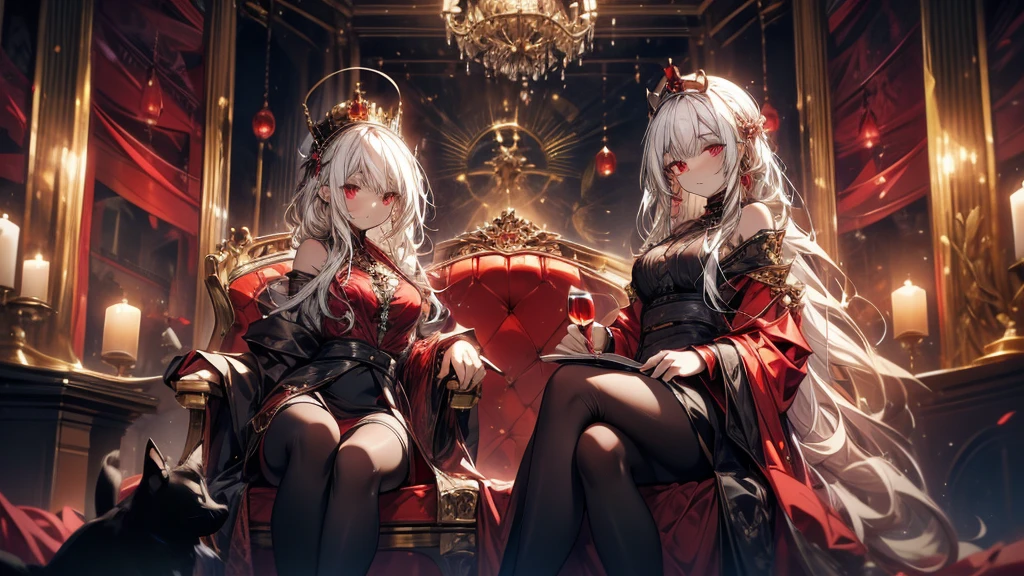 A vampire girl sits on a throne with a glass of red wine in her hand.
She has long white hair and red eyes.
She wears a crown on her head.
Her legs are crossed and the hand holding the wine rests on her elbow.
The background is the throne room with red curtains and carpet.
A black cat is sleeping on the girl's lap.
The cat is curled up asleep.
The girl is stroking the cat with her hand that is not holding the wine.