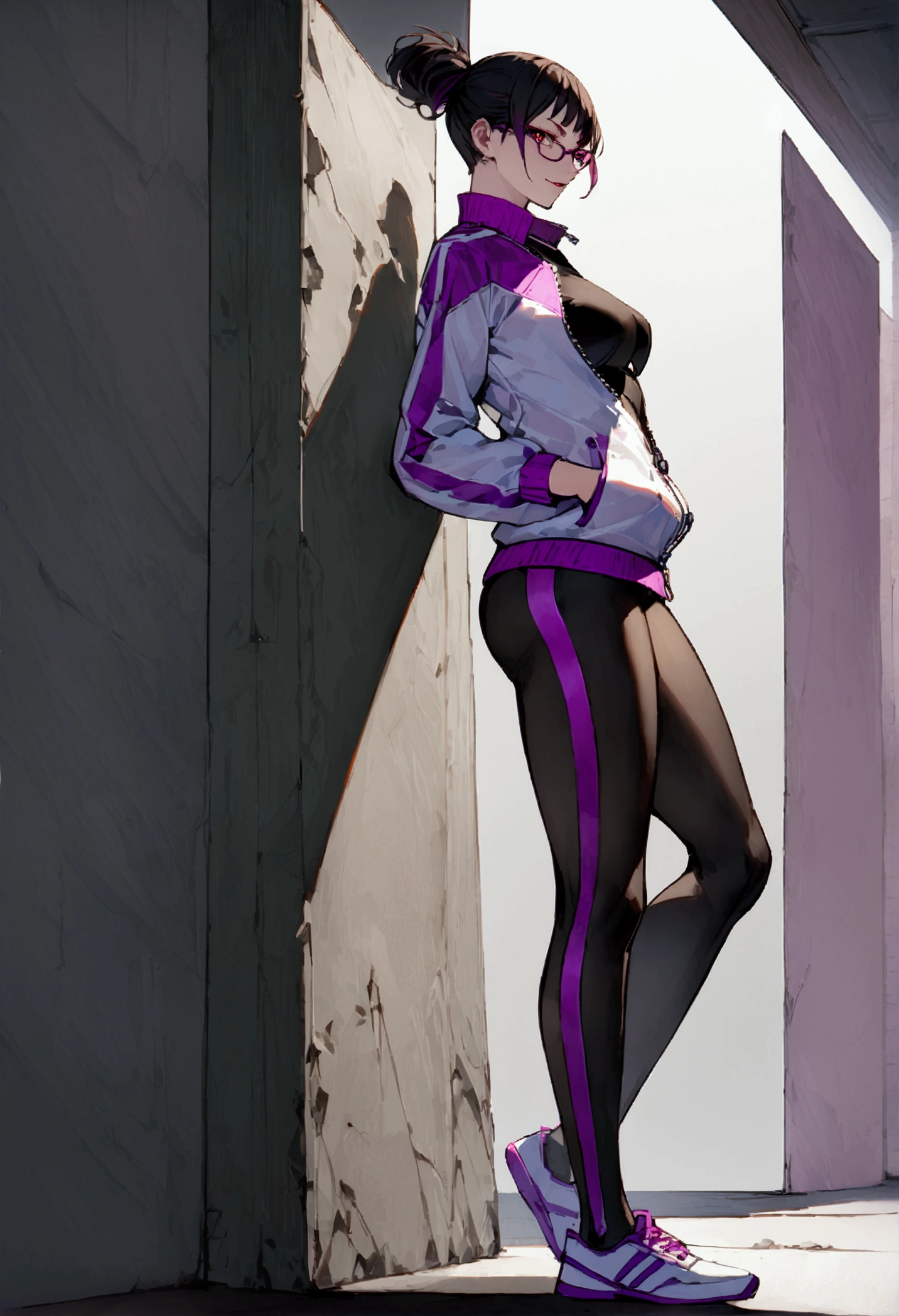 standing,alone,short hair,work of art,face detailed,beautiful young fitness woman with , in a gym wearing May with black pantyhose, white and purple tight short gym jacket. standing alone,red eyes glowing,Evil smile,legging preto ,labiaa,dark eye shadow,shining eyes,a hand leaning against the wall,neckleace,jacket zipper half open,Tight black shirt,white sports tennis shoes,short hair with purple details,beautiful curves,whole body,hair with purple details,labiaa,detailed face and eyes,work of art,sexy look,pefil from sideways,from sideways,wind in your hair,fully body,glasses in hand
