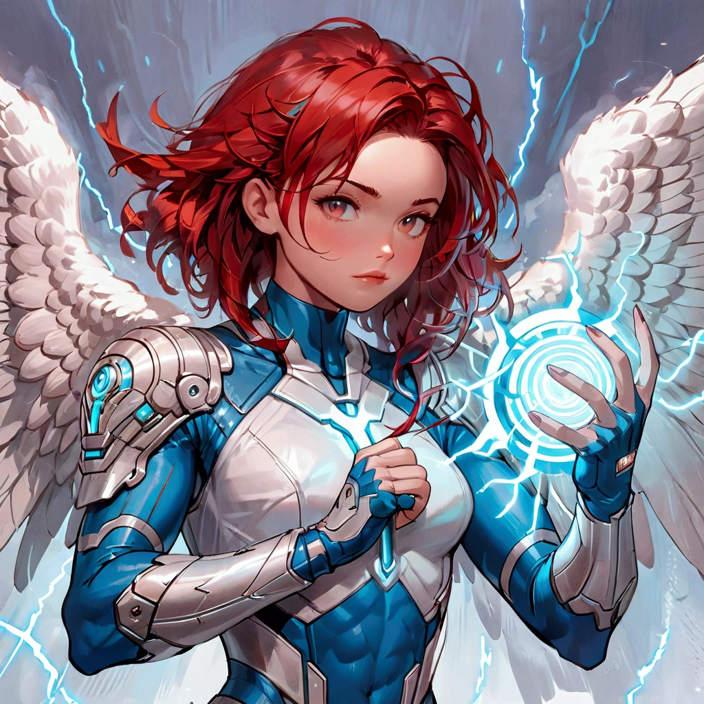 a close up of a woman with a lightening angel wings, tron angel, artgerm and lois van baarle, angel knight girl, shepard fairy style art, beautiful cyborg angel girl, hero character art, mechanized valkyrie girl, lois van baarle and rossdraws, archangel, valkyrie style character, valentina remenar, oc commission (((muscular size 1.1)))