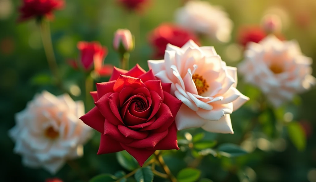 Close-up of vivid red and white roses centered in the frame, soft focus on surrounding lush green foliage, defocused background creating a bokeh effect, nature's palette in full display, natural light, ultra fine details, digital painting