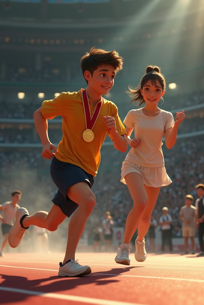 A boy runing towards his past lover after getting a gold medal while his current lover looks at them sadly