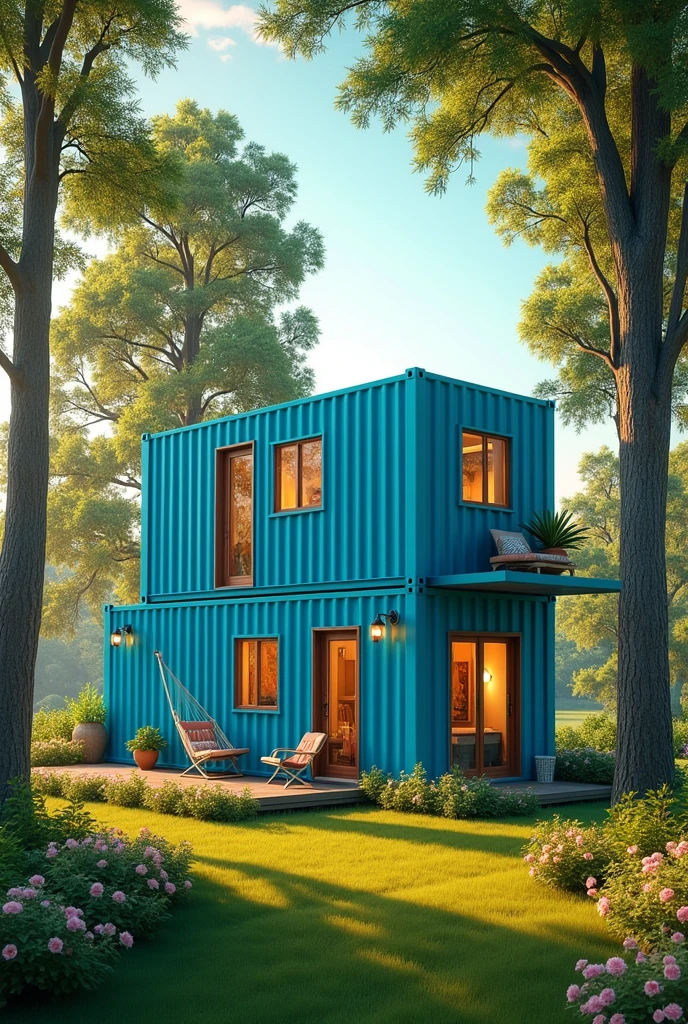 Retro hippie sky blue two story shipping container house in countryside with trees and flowers, a hammock tied between the trees 