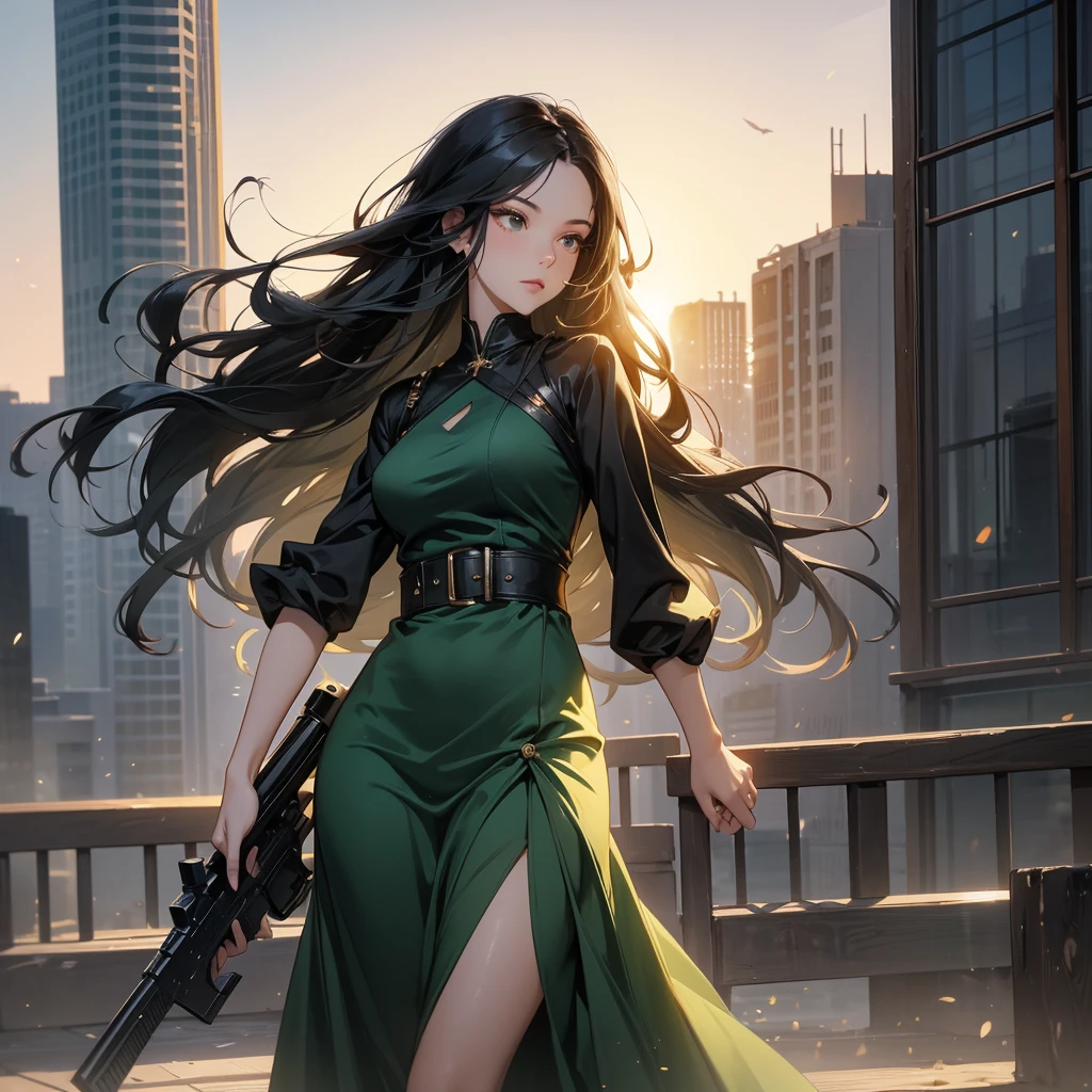 a beautiful woman with long black hair, wearing a tight green dress, standing holding a pistol, aiming the barrel at the bad guys, on a tall building, the sun is setting, close up.