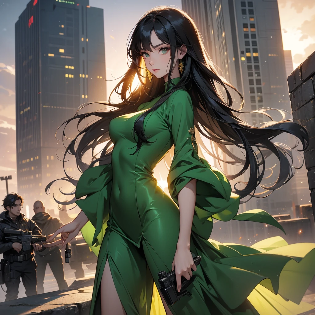 a beautiful woman with long black hair, wearing a tight green dress, standing holding a pistol, aiming the barrel at the bad guys, on a tall building, the sun is setting, close up.